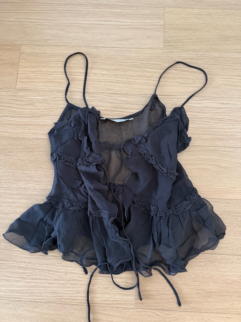 Zara Black Sheer Ruffle Tie-Front Cami